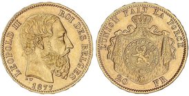 WORLD COINS: BELGIUM
20 Francos. 1877. LEOPOLDO II. 6,41 grs. AU. Posición A. Fr-412; KM-37. EBC-.