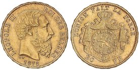 WORLD COINS: BELGIUM
20 Francos. 1878. LEOPOLDO II. 6,44 grs. AU. Posición A. Fr-412; KM-37. EBC-.