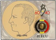WORLD COINS: BELGIUM
20 Ecu. 1991. 10,50 grs. (1/5 Oz AU). AU+AR. 40 aniversario reinado Balduino. En presentación original. KM-182. PROOF.