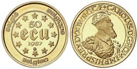 WORLD COINS: BELGIUM
50 Ecu. 1987. 17,28 grs. AU. 30 aniversario Tratado de Roma: Carlos V. Fr-427; KM-167. PROOF.