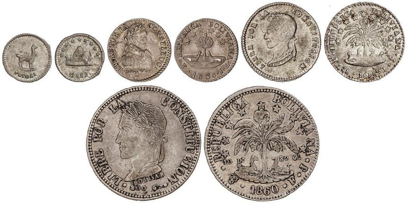 WORLD COINS: BOLIVIA
Lote 4 monedas 1/4, 1/2, 1 y 4 Soles. 1830 a 1860. POTOSÍ....