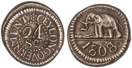 WORLD COINS: CEYLON - SRI LANKA
24 Stivers. 1808. JORGE III. 4,23 grs. AR. (Leves grietas en gráfila). Pátina oscura. KM-76. EBC-/EBC.
