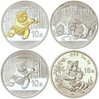 WORLD COINS: CHINA
Lote 4 monedas 10 Yuan. 1996, 2013 y 2014. AR. Panda sentado comiento, Panda sentado con rama (2, uno con Panda sobredorado) y tre...