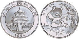 WORLD COINS: CHINA
Lote 5 monedas 10 Yuan. 1994, 2015, 2016, 2017 y 2018. 1 Onza (5). AR. Todas serie Panda: 1994 Panda sentado comiendo bambú (KM-A6...