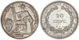 WORLD COINS: FRENCH COCHINCHINA
20 Céntimos. 1879-A. PARIS. 5,45 grs. AR. (Pequeñas rayitas). KM-5. EBC-.