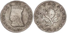 WORLD COINS: COLOMBIA
8 Reales. 1821. CUNDINAMARCA. BOGOTA. J.F. 22,37 grs. AR. (Hojitas en reverso y golpes en canto). KM-C6. (MBC).