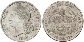 WORLD COINS: COLOMBIA
5 Décimos. 1888. MEDELLÍN. 12,54 grs. AR. KM-165. EBC.