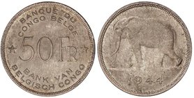 WORLD COINS: BELGIAN CONGO
50 Francos. 1944. 17,48 grs. AR. Elefante africano. Acuñación algo floja, normal en este tipo de pieza. Pátina. KM-27. SC-...