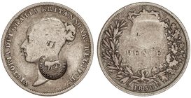 WORLD COINS: COSTA RICA
1 Real. (1849-1857). 2,7 grs. AR. Resello Tipo IV ´HABILITADA POR EL GOBIERNO´ sobre 6 Pence 1850 Gran Bretaña (KM-733). KM-9...