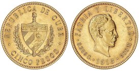 WORLD COINS: CUBA
5 Pesos. 1916. 8,35 grs. AU. José Martí. Fr-4; KM-19. EBC.