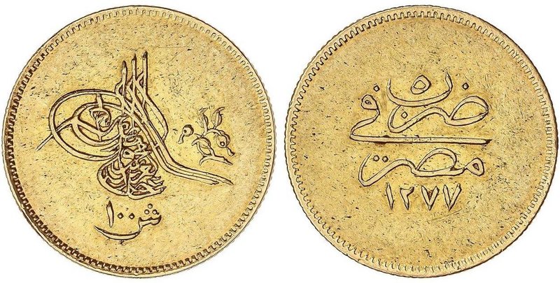 WORLD COINS: EGYPT
100 Qirsh (Libra). 1277 d.H./5 (1865 d.C.). ABDUL AZIZ. 8,49...
