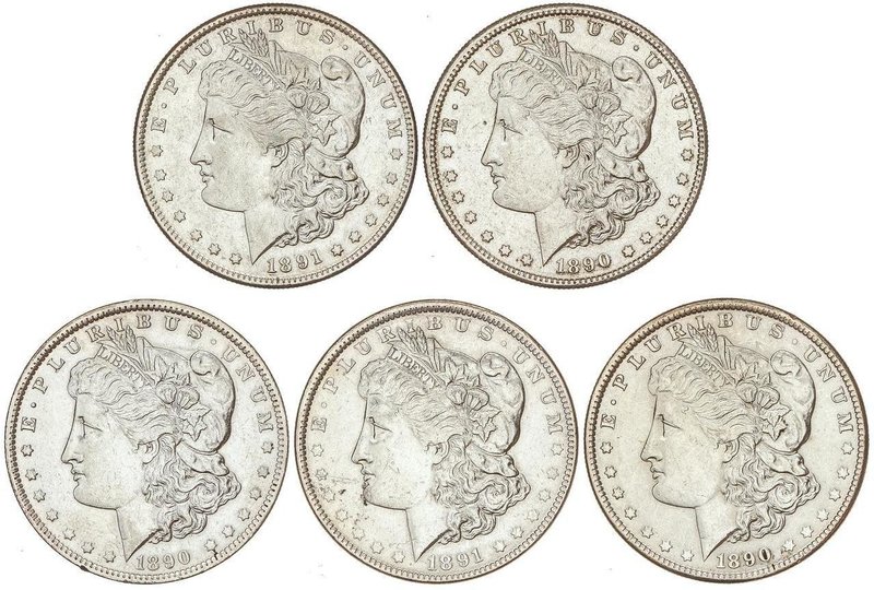 WORLD COINS: UNITED STATES
Lote 5 monedas 1 Dólar. 1890, 1890-O, 1890-S, 1891, ...