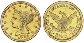 WORLD COINS: UNITED STATES
2 1/2 Dólares. 1891. 4,1 grs. AU. Coronet head. (Restos de soldadura en anverso, y parte del busto reconstruido a buril). ...