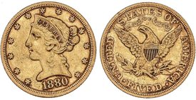 WORLD COINS: UNITED STATES
5 Dólares. 1880. 8,27 grs. AU. Coronet Head. (Rayitas en anverso. Pequeños golpecitos). Fr-143; KM-101. MBC+.