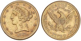 WORLD COINS: UNITED STATES
5 Dólares. 1881. 8,35 grs. AU. Coronet Head. (Leves rayitas en anverso). Restos de brillo original. Fr-143; KM-101. (EBC-)...