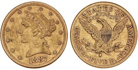WORLD COINS: UNITED STATES
5 Dólares. 1887-S. SAN FRANCISCO. 8,30 grs. AU. Coronet Head. Fr-145; KM-101. MBC+.