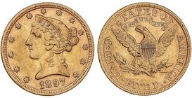 WORLD COINS: UNITED STATES
5 Dólares. 1897. 8,36 grs. AU. Coronet Head. (Leves rayitas). Fr-143; KM-101. EBC-.