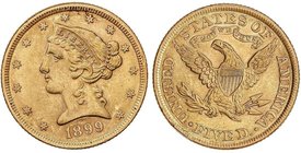 WORLD COINS: UNITED STATES
5 Dólares. 1899. 8,35 grs. AU. Coronet Head. Restos de brillo original. Fr-143; KM-101. EBC-/EBC.