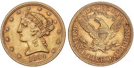 WORLD COINS: UNITED STATES
5 Dólares. 1899. 8,35 grs. AU. Coronet Head. Fr-143; KM-101. EBC-.