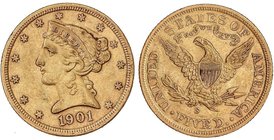 WORLD COINS: UNITED STATES
5 Dólares. 1901-S. SAN FRANCISCO. 8,33 grs. AU. Coronet Head. Fr-145; KM-101. MBC+.