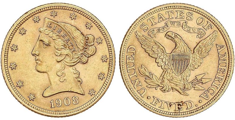 WORLD COINS: UNITED STATES
5 Dólares. 1908. 8,34 grs. AU. Coronet Head. Fr-143;...