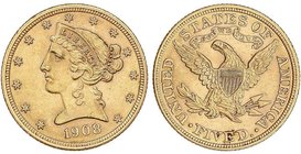WORLD COINS: UNITED STATES
5 Dólares. 1908. 8,34 grs. AU. Coronet Head. Fr-143; KM-101. EBC-.