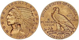 WORLD COINS: UNITED STATES
5 Dólares. 1909-S. SAN FRANCISCO. 8,32 grs. AU. Tipo Indio. (Leves golpecitos). Fr-150; KM-129. MBC+/EBC-.