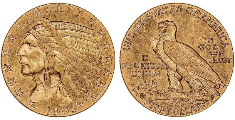 WORLD COINS: UNITED STATES
5 Dólares. 1909-S. SAN FRANCISCO. 8,33 grs. AU. Tipo...