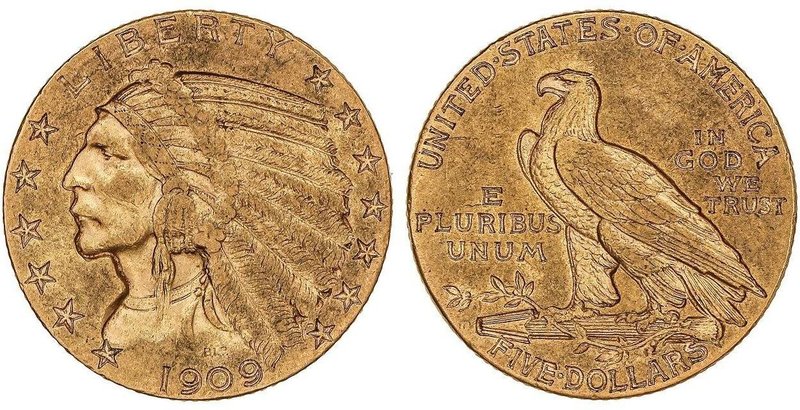WORLD COINS: UNITED STATES
5 Dólares. 1909-D. DENVER. 8,29 grs. AU. Tipo Indio....