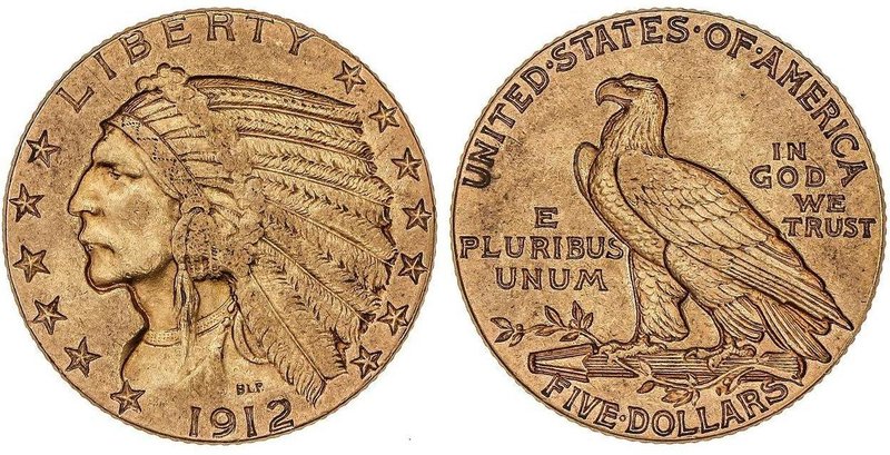 WORLD COINS: UNITED STATES
5 Dólares. 1912. 8,33 grs. AU. Tipo Indio. Fr-148; K...