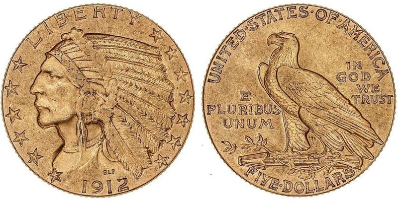 WORLD COINS: UNITED STATES
5 Dólares. 1912. 8,32 grs. AU. Tipo Indio. Fr-148; K...