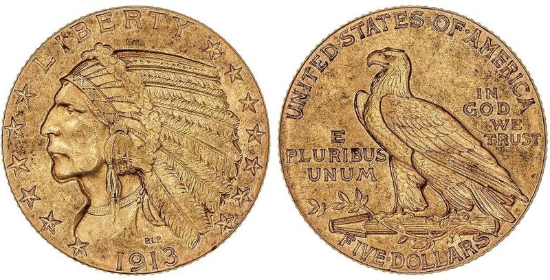 WORLD COINS: UNITED STATES
5 Dólares. 1913. 8,35 grs. AU. Tipo Indio. Fr-148; K...