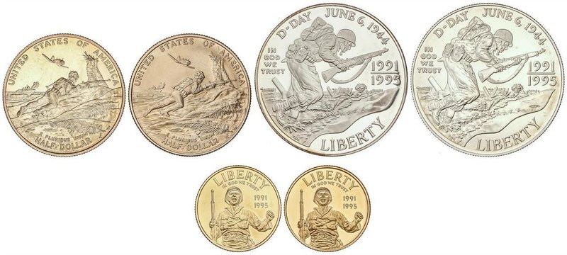 WORLD COINS: UNITED STATES
Lote 6 monedas 1/2 (2), 1 (2), 5 Dólares (2). 1991-1...