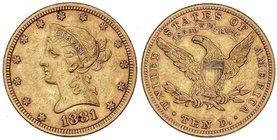 WORLD COINS: UNITED STATES
10 Dólares. 1881. 16,66 grs. AU. Coronet Head. (Pequeños golpecitos). Fr-158; KM-102. MBC+.