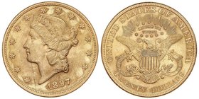 WORLD COINS: UNITED STATES
20 Dólares. 1897. 33,38 grs. AU. Coronet Head. (Leves golpecitos). Pequeños restos de brillo. Fr-177; KM-74.3. EBC-.