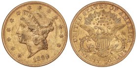 WORLD COINS: UNITED STATES
20 Dólares. 1899. 33,38 grs. AU. Coronet Head. (Leves rayitas). Restos de brillo original. Fr-177; KM-74.3. EBC-/EBC.