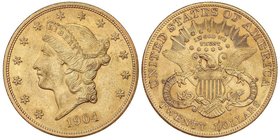 WORLD COINS: UNITED STATES
20 Dólares. 1904. 33,39 grs. AU. Coronet Head. (Leves golpecitos). Fr-177; KM-74.3. EBC.