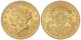 WORLD COINS: UNITED STATES
20 Dólares. 1904. 33,40 grs. AU. Coronet Head. (Levísimos golpecitos en gráfila. Rayita en reverso). Fr-177; KM-74.3. EBC-...