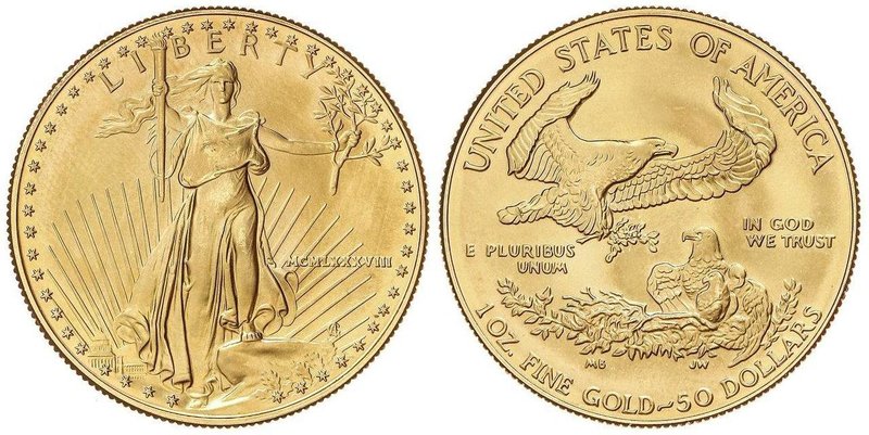 WORLD COINS: UNITED STATES
50 Dólares. 1988. 34,02 grs. AU. Fecha en números ro...