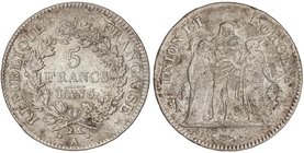 WORLD COINS: FRANCE
5 Francos. Año 5-A (1796-97). CONSULADO. NAPOLEÓN PRIMER CÓNSUL. PARÍS. 24,71 grs. AR. (levísimas oxidaciones limpiadas). KM-639....