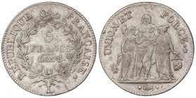 WORLD COINS: FRANCE
5 Francos. Año 8-L. CONSULADO. BAYONNE. 24,81 grs. AR. Tipo Hércules. (Golpecito en canto). MUY ESCASA. KM-639.6. MBC+.