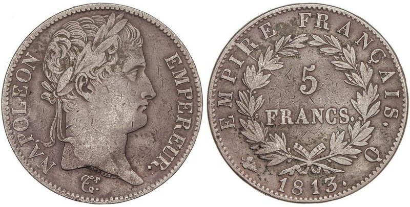 WORLD COINS: FRANCE
5 Francos. 1813-Q. NAPOLEÓN EMPERADOR. PERPIGNAN. 24,62 grs...