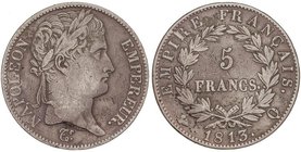 WORLD COINS: FRANCE
5 Francos. 1813-Q. NAPOLEÓN EMPERADOR. PERPIGNAN. 24,62 grs. AR. (Leves golpecitos). Pátina. KM-694.12. MBC.