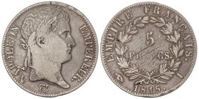 WORLD COINS: FRANCE
5 Francos. 1815-I. NAPOLEÓN EMPERADOR. LIMOGES. 24,78 grs. AR. Correspondiente a la época de los 100 Días. (Rayitas de ajuste en ...