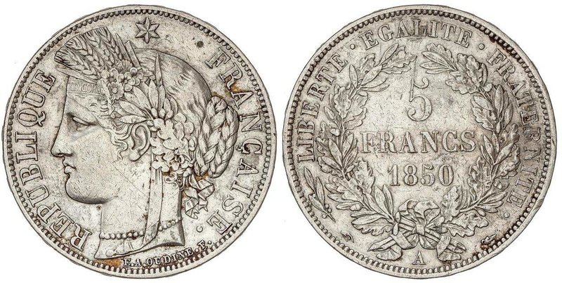 WORLD COINS: FRANCE
5 Francos. 1850-A. II REPÚBLICA. PARÍS. 24,9 grs. AR. KM-76...