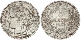 WORLD COINS: FRANCE
5 Francos. 1850-A. II REPÚBLICA. PARÍS. 24,9 grs. AR. KM-761.1. MBC+.
