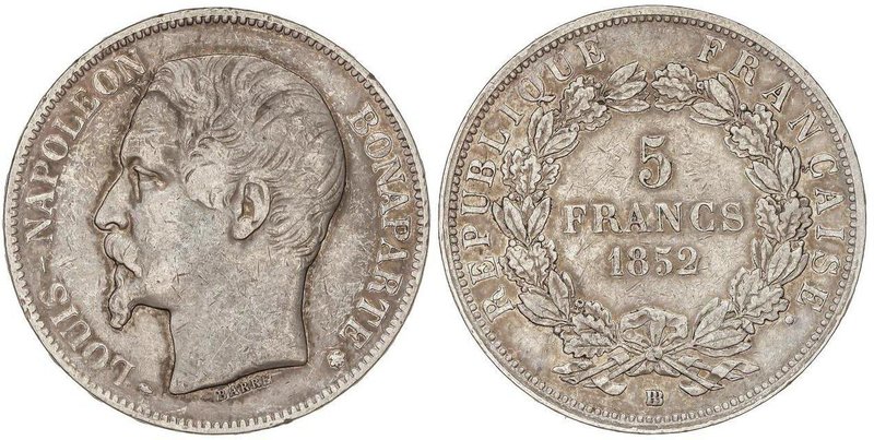 WORLD COINS: FRANCE
5 Francos. 1852-BB. NAPOLEÓN III. ESTRASBURGO. 24,78 grs. A...