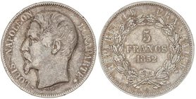 WORLD COINS: FRANCE
5 Francos. 1852-BB. NAPOLEÓN III. ESTRASBURGO. 24,78 grs. AR. (Pequeños golpecitos). Pátina. RARA. KM-773.2. MBC.