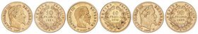 WORLD COINS: FRANCE
Lote 3 monedas 10 Francos. 1856-A y 1862-A. NAPOLEÓN III EMPEREUR. PARÍS. AU. 1856-A busto descubierto y 1862-A (2) busto lauread...