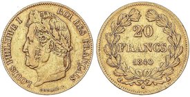 WORLD COINS: FRANCE
20 Francos. 1840-A. LUIS FELIPE I. PARÍS. 6,43 grs. AU. Fr-560; KM-750.1. MBC-.